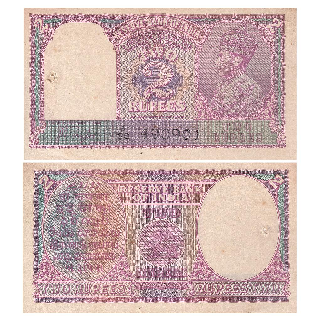 British India George VI Signed J. B. Taylor type 4.2 Prefix A/36 Serial 490901 2 Rupees