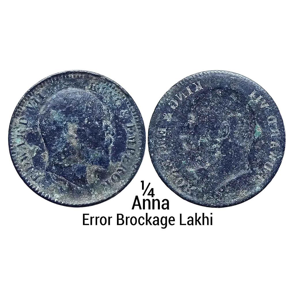 British India Edward VII Error Brockage Copper 1/4 Anna