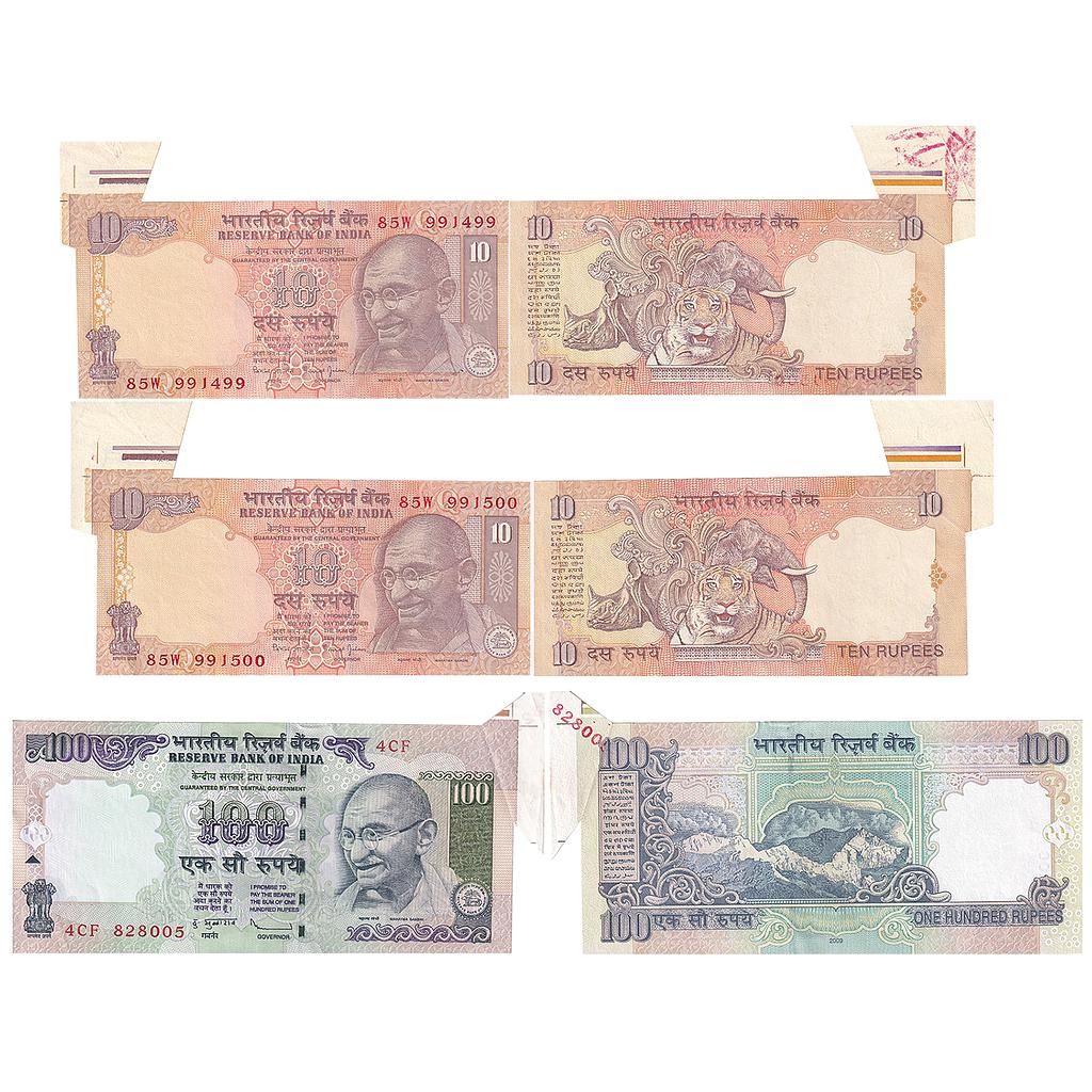 India Reserve Bank of India A group of 3 Notes signed by Bimal Jalan &amp; D. Subbarao inset Q Serial No. 85W 991499 85W991500 4CF 828005 flip error on upper left side &amp; right side 10 Rupees &amp; 100 Rupees