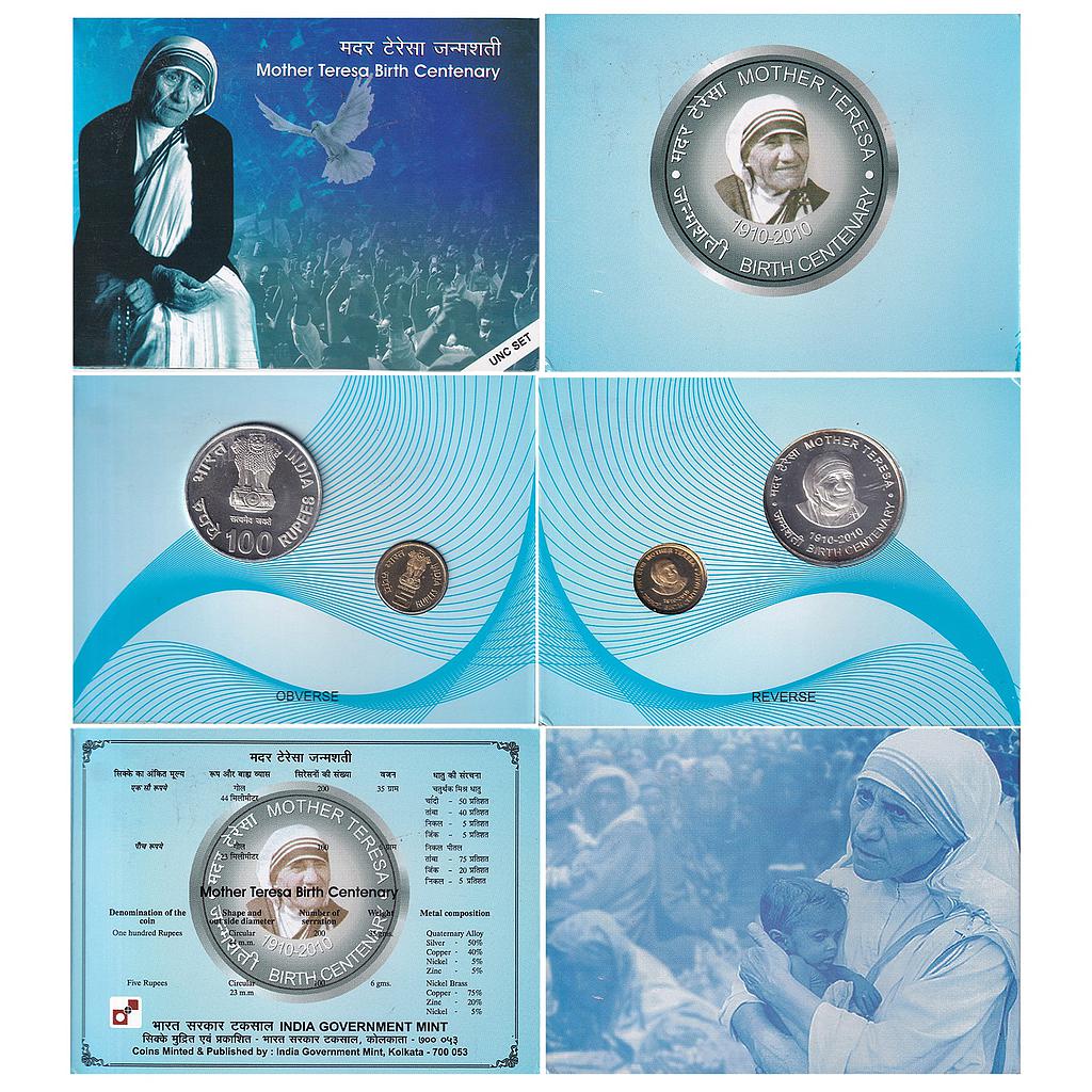 Republic India 2010 AD UNC Set Mother Teresa Birth Centenary Kolkata Mint Set of 2 Rupee 100 and 5
