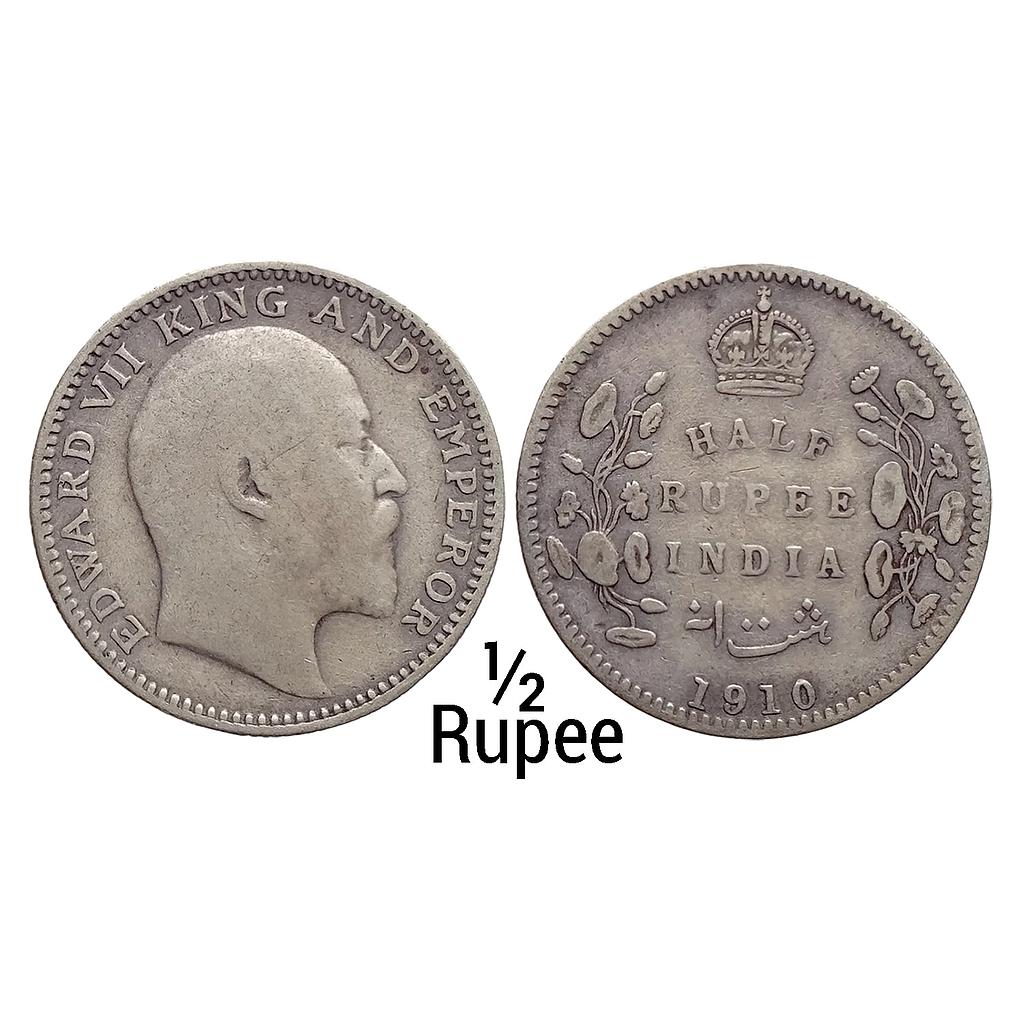 British India Edward VII 1910 AD Calcutta Mint Silver 1/2 Rupee