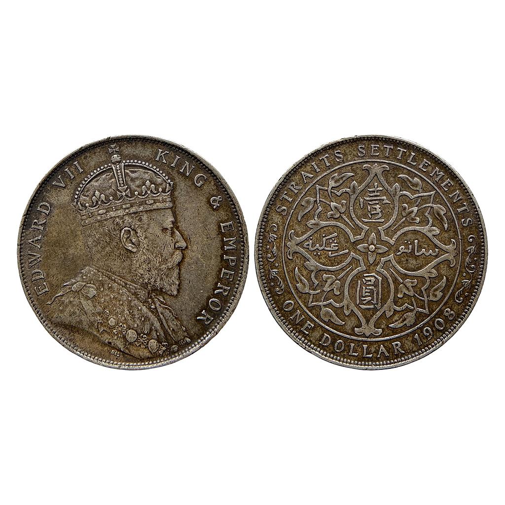 Malaysia Straits Settlements Edward VII 1908 AD Silver .900 One Dollar