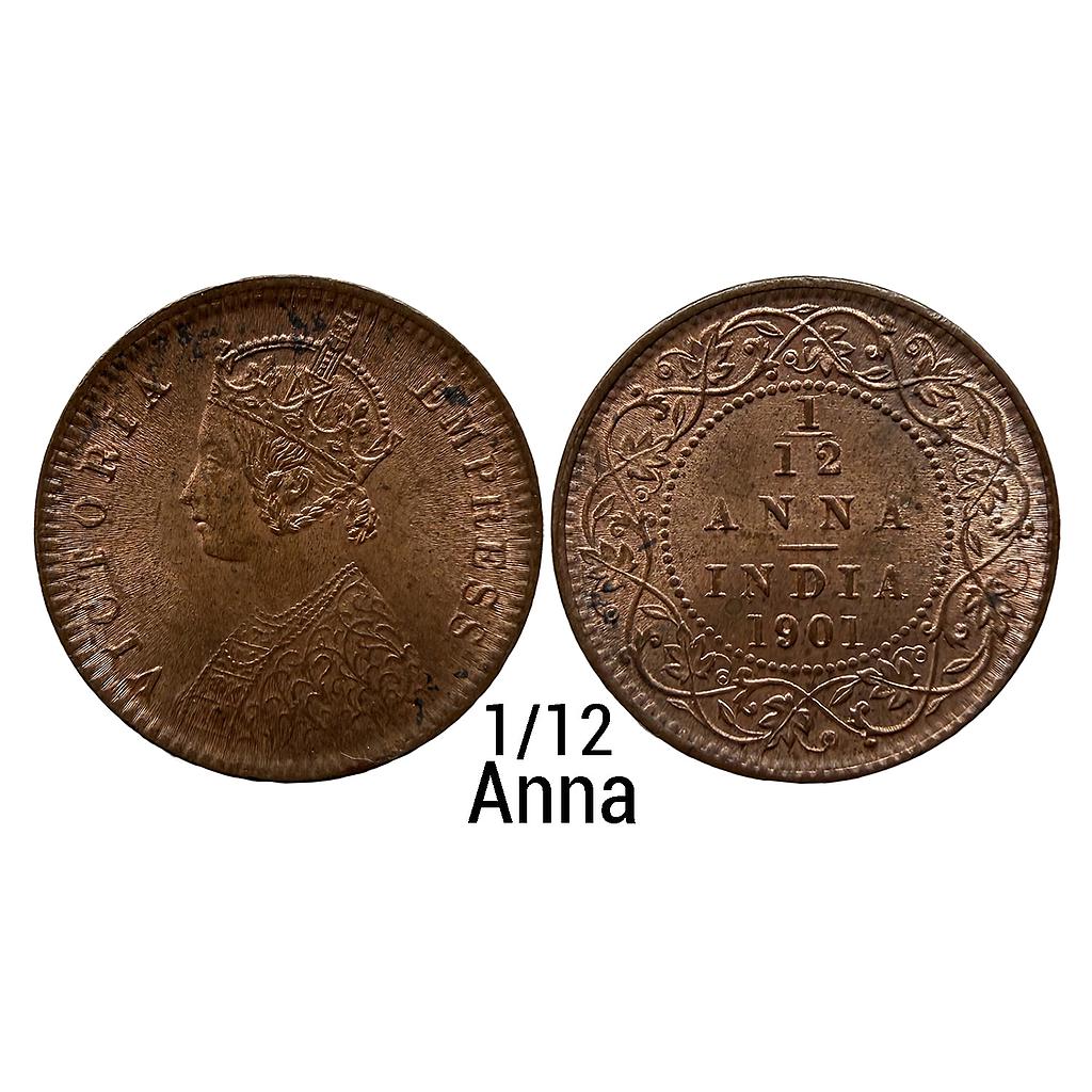 British India Victoria Empress 1901 AD Calcutta Mint Copper 1/12 Anna