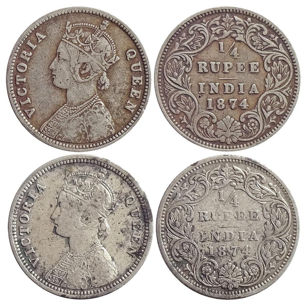 British India, Victoria Queen, 1874 AD, Calcutta Mint, A / I / No mint mark; Bombay Mint, A / I / dot, Silver "1/4 Rupee" (2 coins).