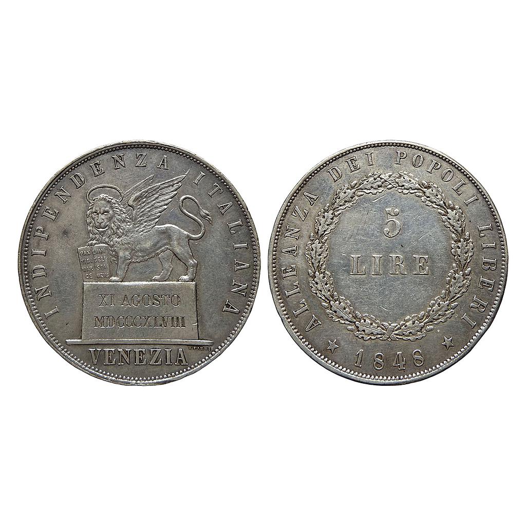 Republic of San Marco Venice Italian States Silver (.900) 5 Lire