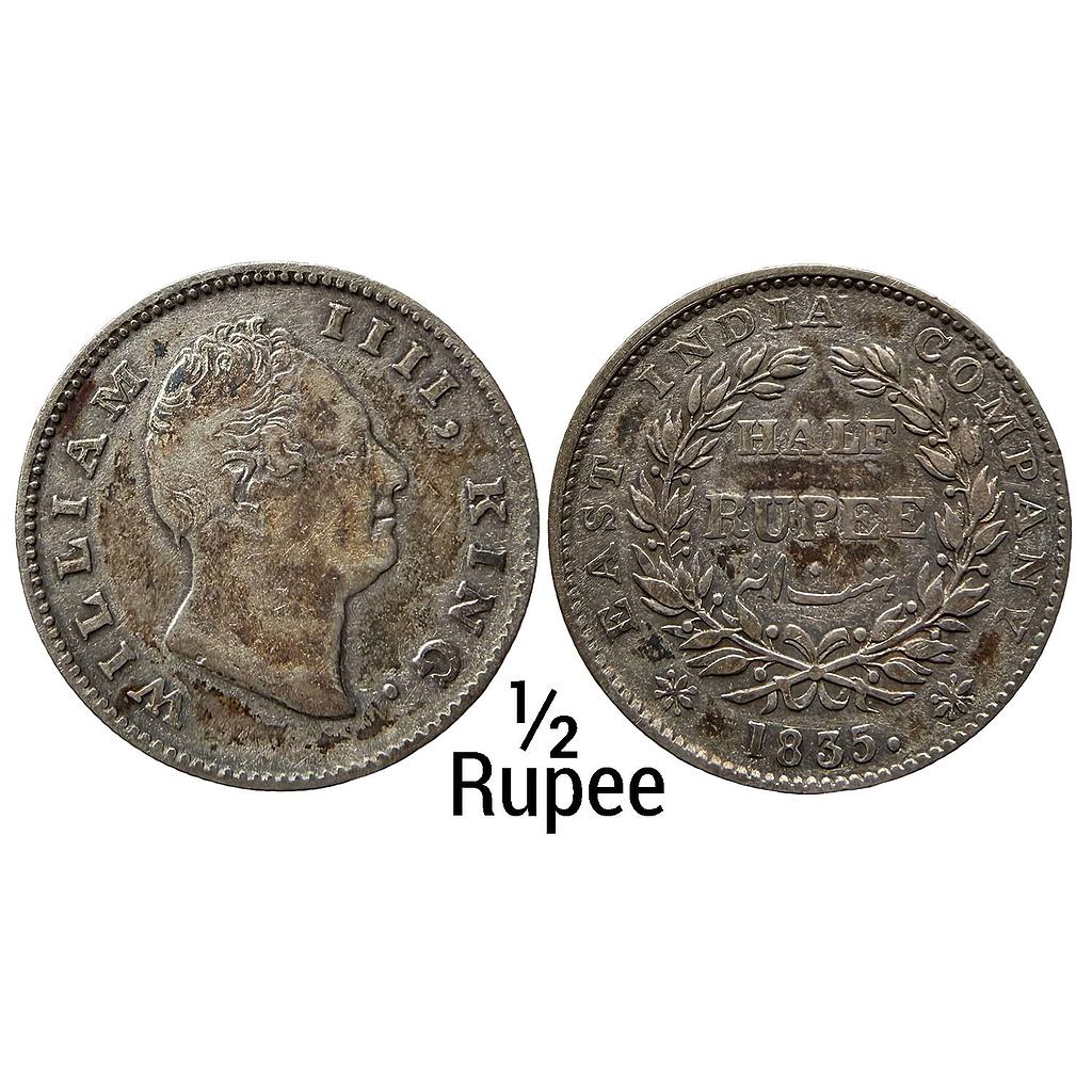 EIC William IV 1835 AD Calcutta Mint F incuse 19 Berries 9L+10R Silver 1/2 Rupee