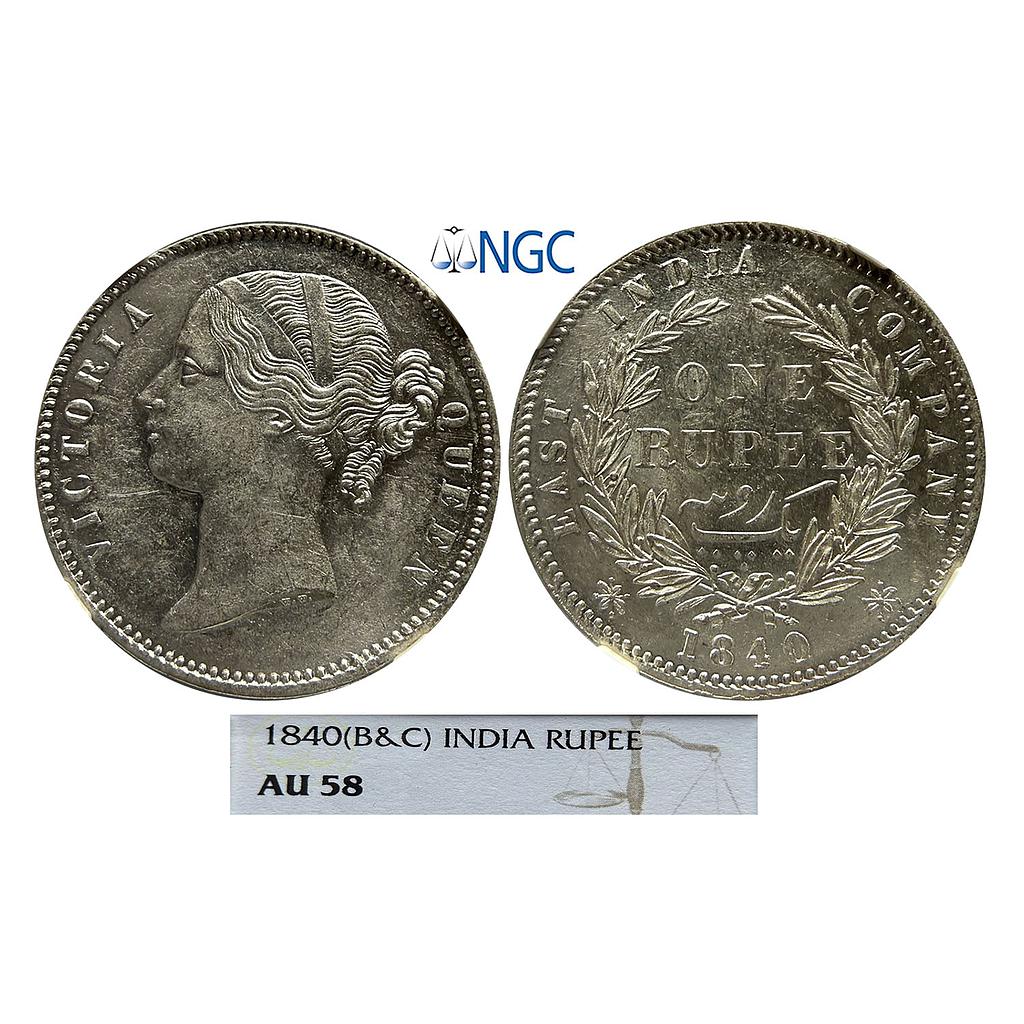 EIC Victoria Queen 1840 AD Divided Legend 28 Berry Silver Rupee