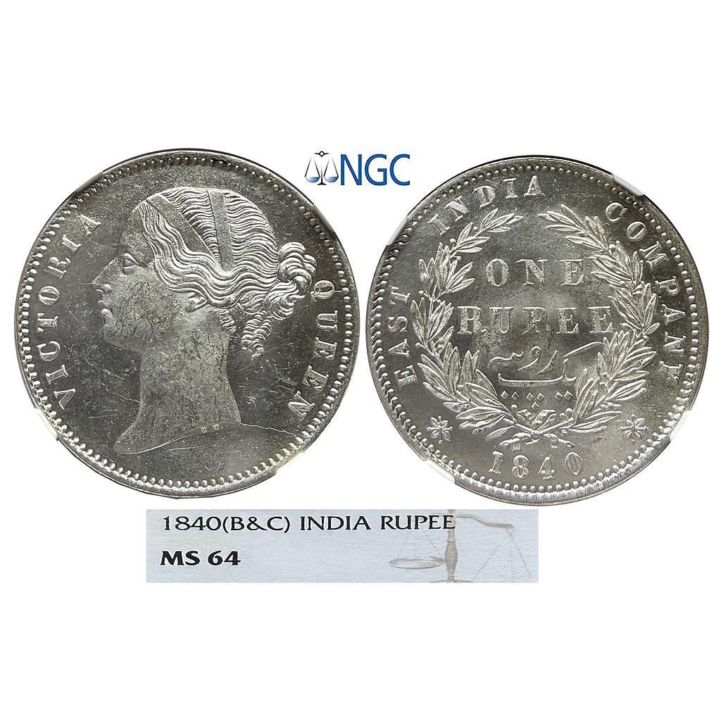 EIC Victoria Queen 1840 AD B&amp;C Divided Legend 28 Berry Silver Rupee