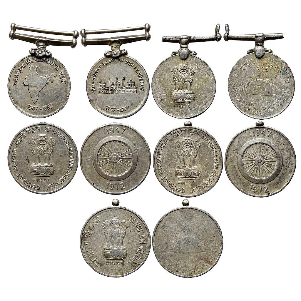 Republic of India Set of 5 Medals 50th Anniversary of Independence Raksha Medal 25th Independence Anniversary Medal Sangram Medal Copper-Nickel &amp; Silver Medal