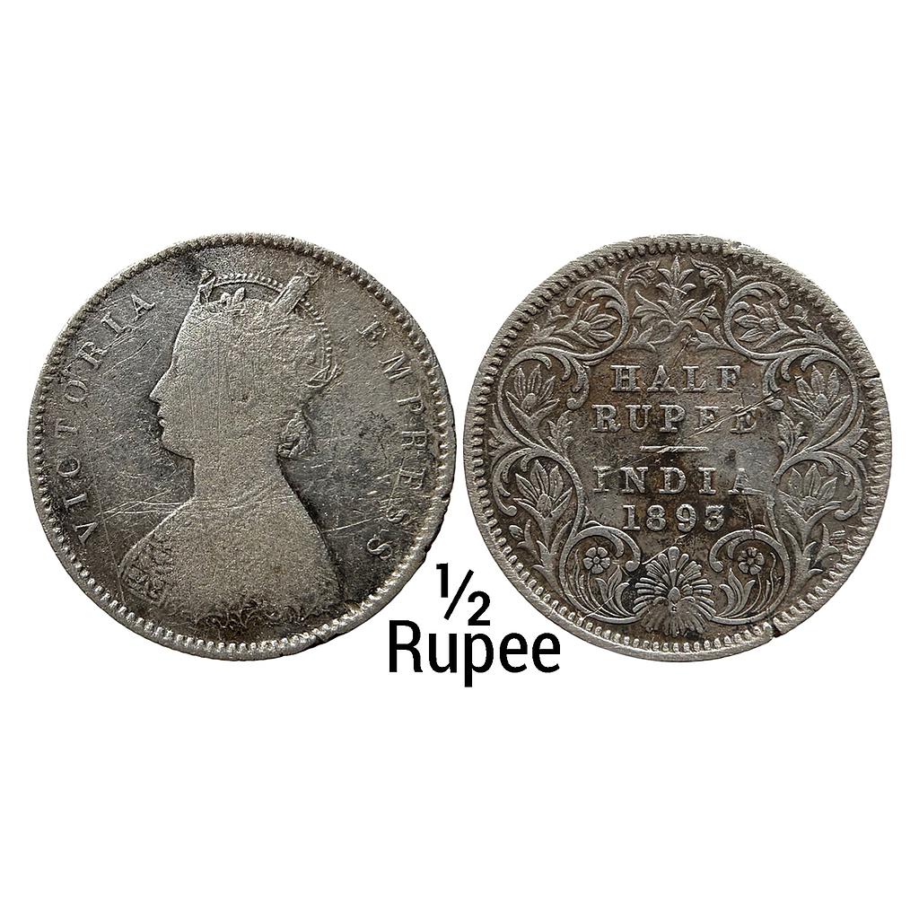British India Victoria Empress 1893 AD Calcutta Mint Obv A Rev I C incuse Silver 1/2 Rupee