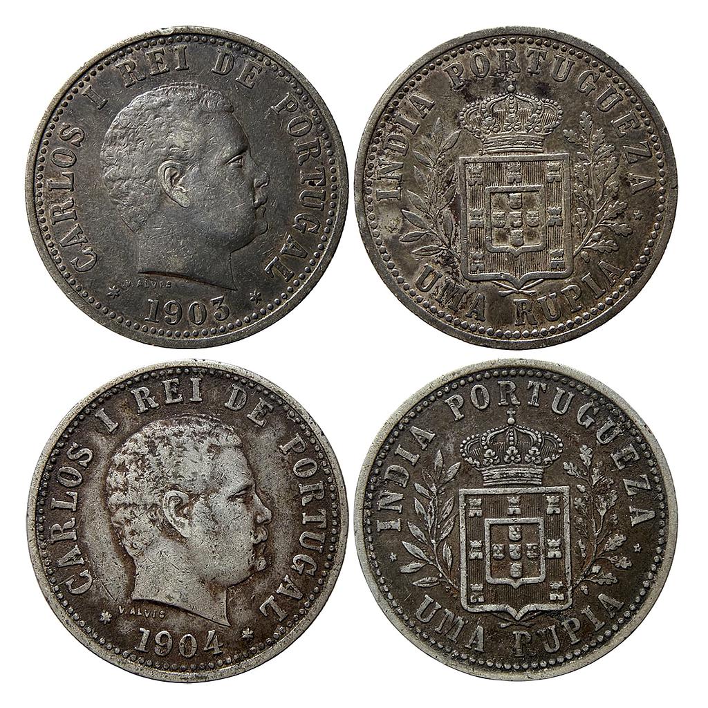 Indo Portuguese Goa Carlos I 1903 AD 1904 AD Set of 2 Coins Silver Uma Rupia Rupee