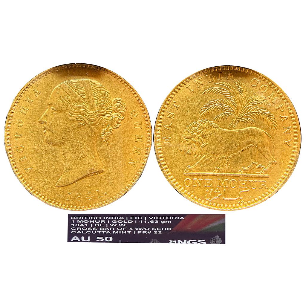 EIC Victoria Queen 1841 AD Calcutta Mint type II Small Legend Variety Divided legend WW incused on truncation cross bar of numeral 4 in date without serif Gold Mohur