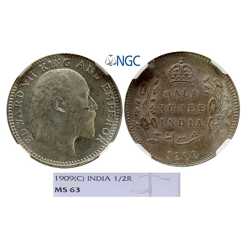 British India Edward VII 1909 AD Calcutta Mint Silver 1/2 Rupee