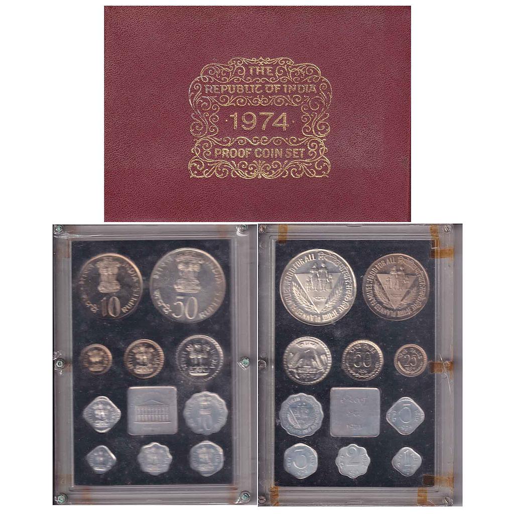 Republic India 1974 AD Proof Set Planned Families - Food for All Set of 10 Rupee 50 10 1 and 50 paise 25 paise 10 paise 5 paise 3 paise 2 paise and 1 paisa