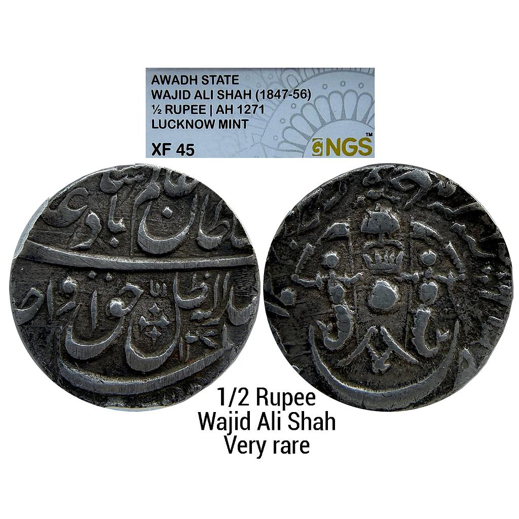 IPS Awadh State Wajid Ali Shah Bait-us-Sultanat Lakhnau Mulk Awadh Akhtarnagar Mint Silver 1/2 Rupee