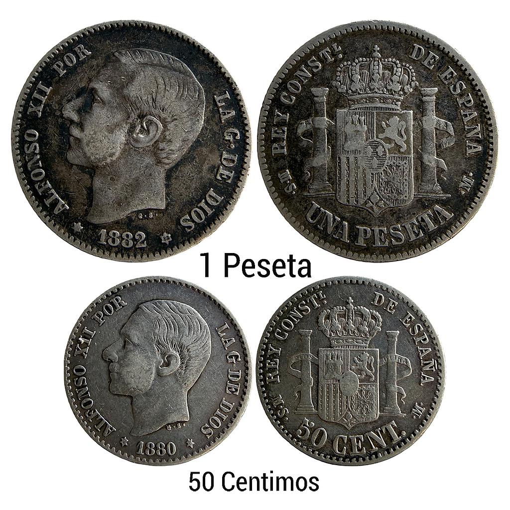 Spain Alfonso XII 1882 AD 1880 AD Set of 2 Coins Silver (.835) 1 Peseta (1 ESP) &amp; 50 Centimos (0.50 ESP)