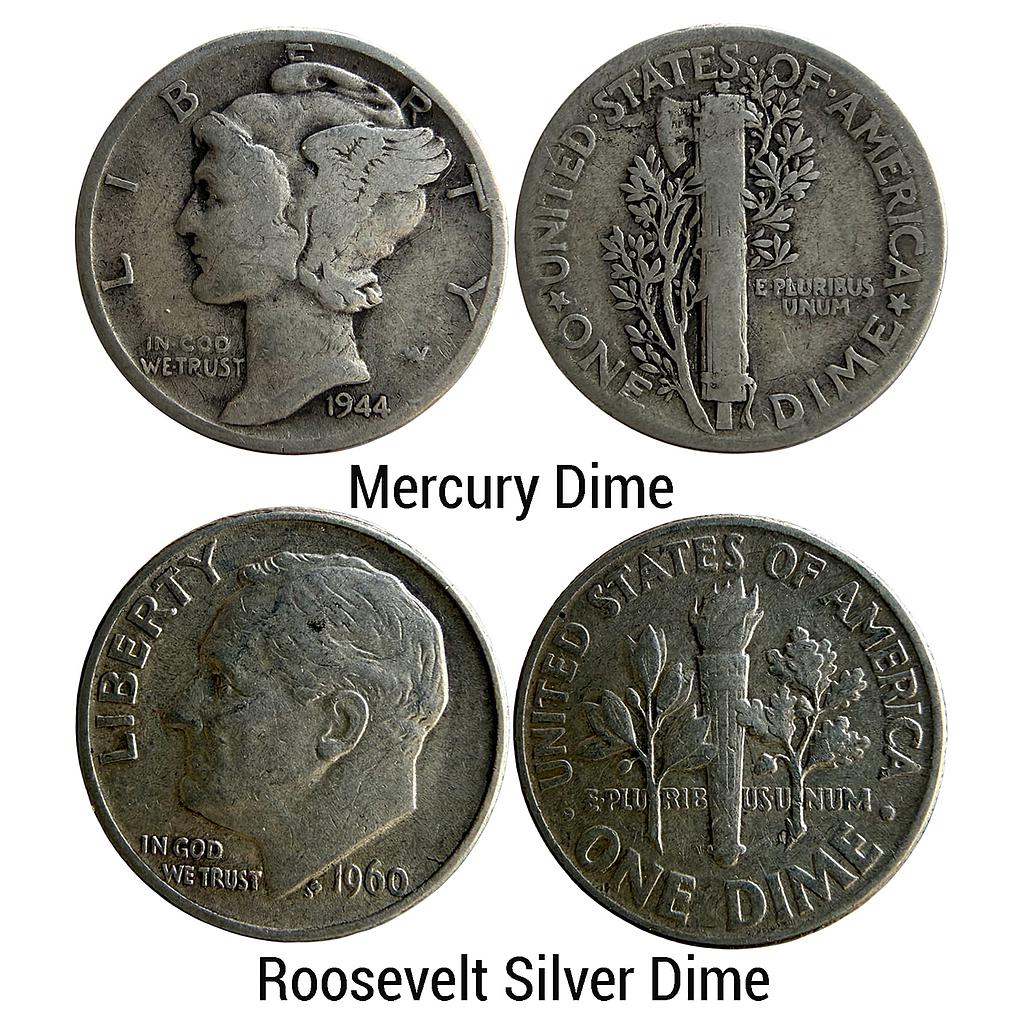 United States of America Mercury Dime United States of America Roosevelt 1944 AD 1960 AD Philadelphia Mint Silver Dime Silver (.900) 1 Dime = 10 Cents