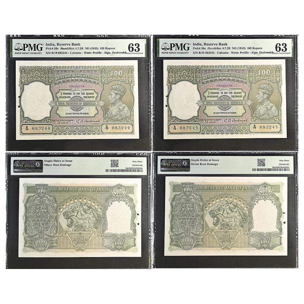 India Reserve Bank of India George VI Calcutta signed by C. D. Deshmukh Set of 2 Consecutive Notes 100 Rupees Graded by PMG 63 Choice Uncirculated