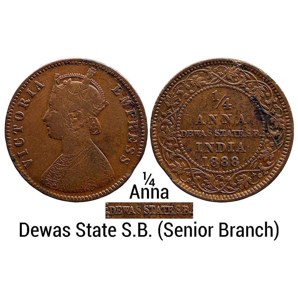 IPS Dewas State Allote Mint British Protectorate Senior Branch Issued during the reign of Maharajah Krishnaji Rao Queen Victoria as Empress of India Allote Mint Copper 1/4 Anna