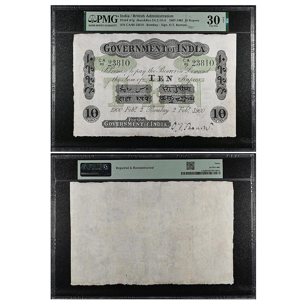 Government of India Victoria Empress Uniface 1st issue green underprint Bombay circle dated 2nd Feb 1900 10 Rupees Graded by PMG 30 very fine
