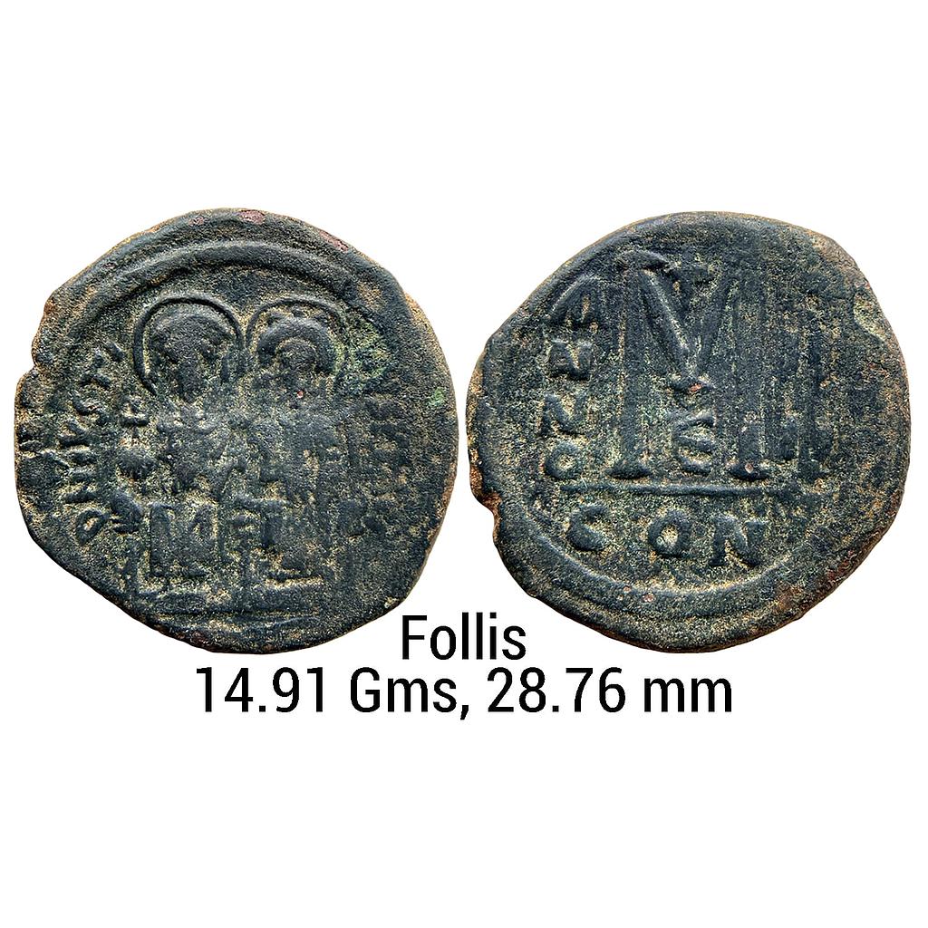 Ancient World Byzantine Empire Justin II with Sophia Constantinople Mint Copper Follis