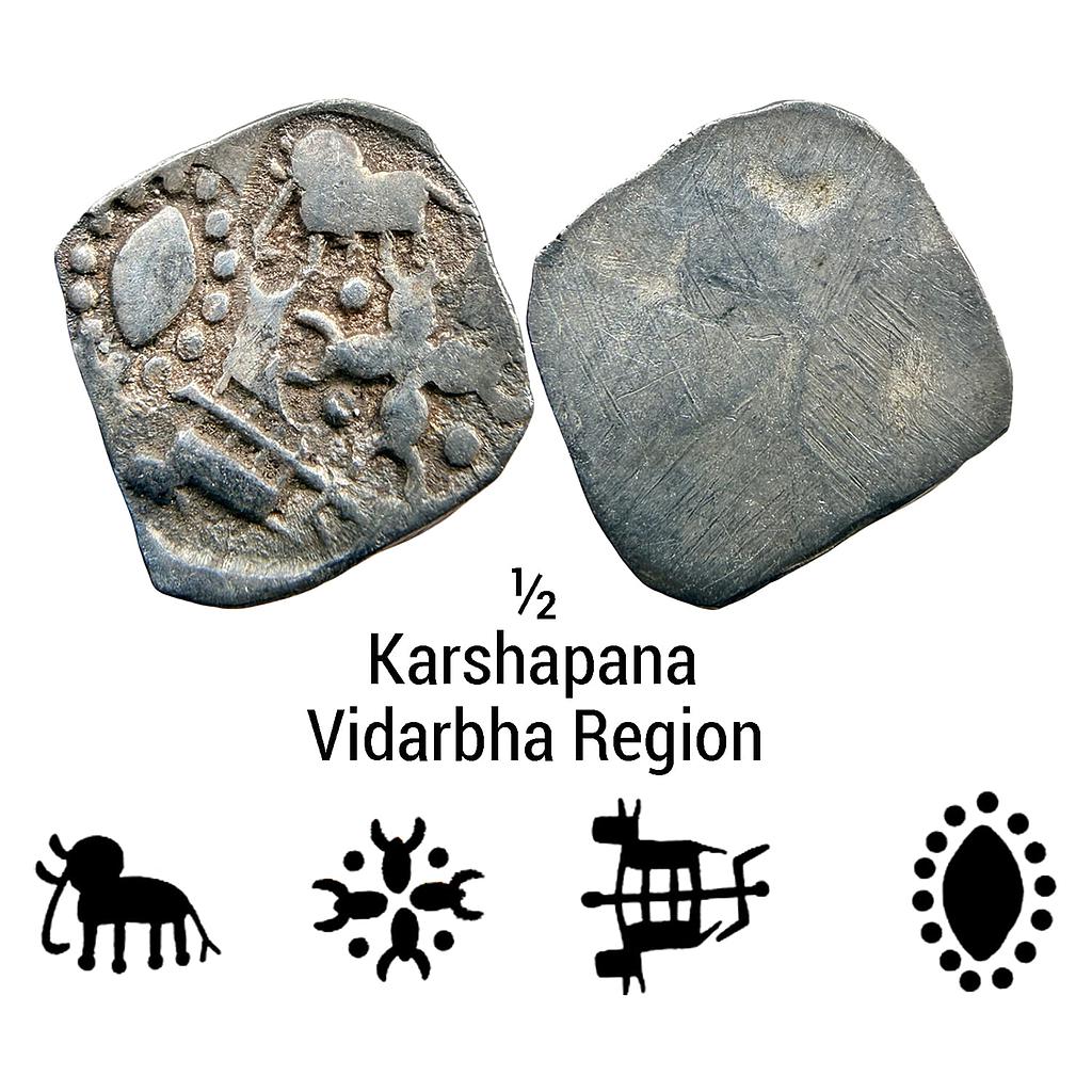 Ancient Punch Marked Coinage Vidarbha Region Adam-Pauni Hoard type Silver 1/2 Karshapana