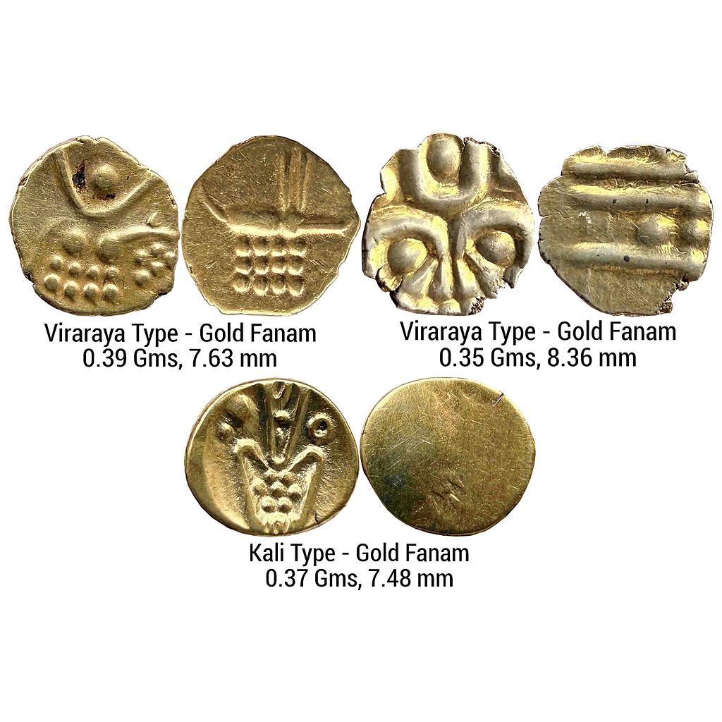 Hindu Medieval South India Anonymous Viraraya type Kali type Set of 3 Coins Gold Fanam