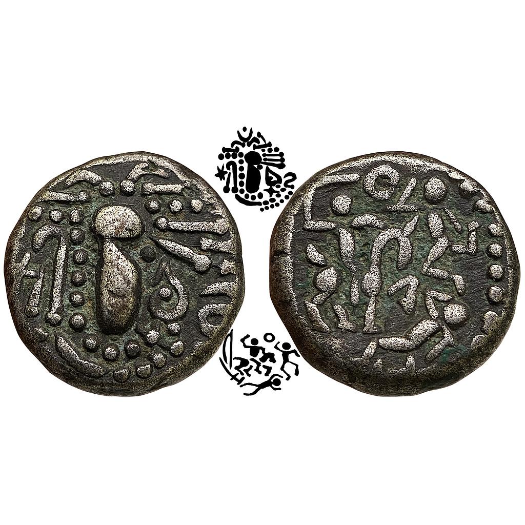 Hindu Medieval Paramaras of Malwa Gadhaiya Series Billon Unit An active battle scene during the day showing a mounted warrior galloping to right