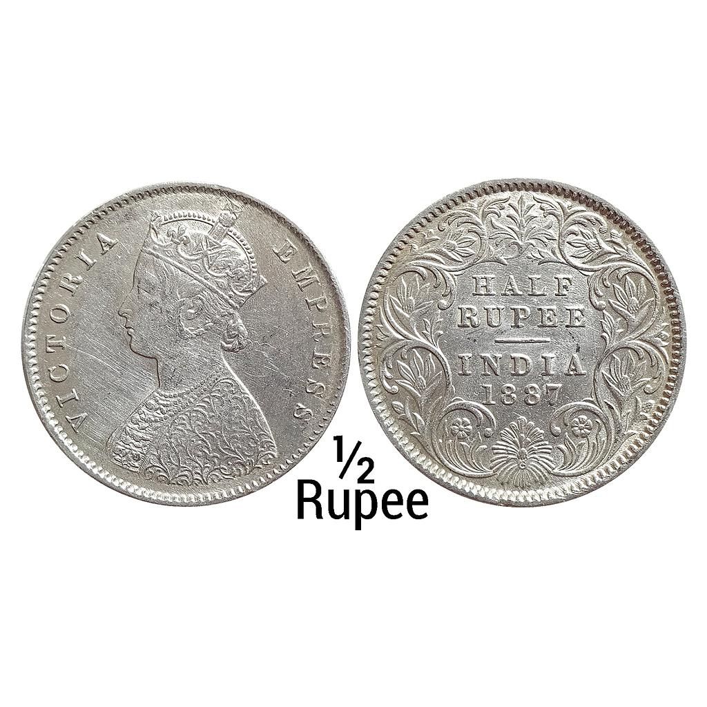 British India Victoria Empress 1887 AD Obv. A Rev I "C" incuse Calcutta Mint Silver 1/2 Rupee