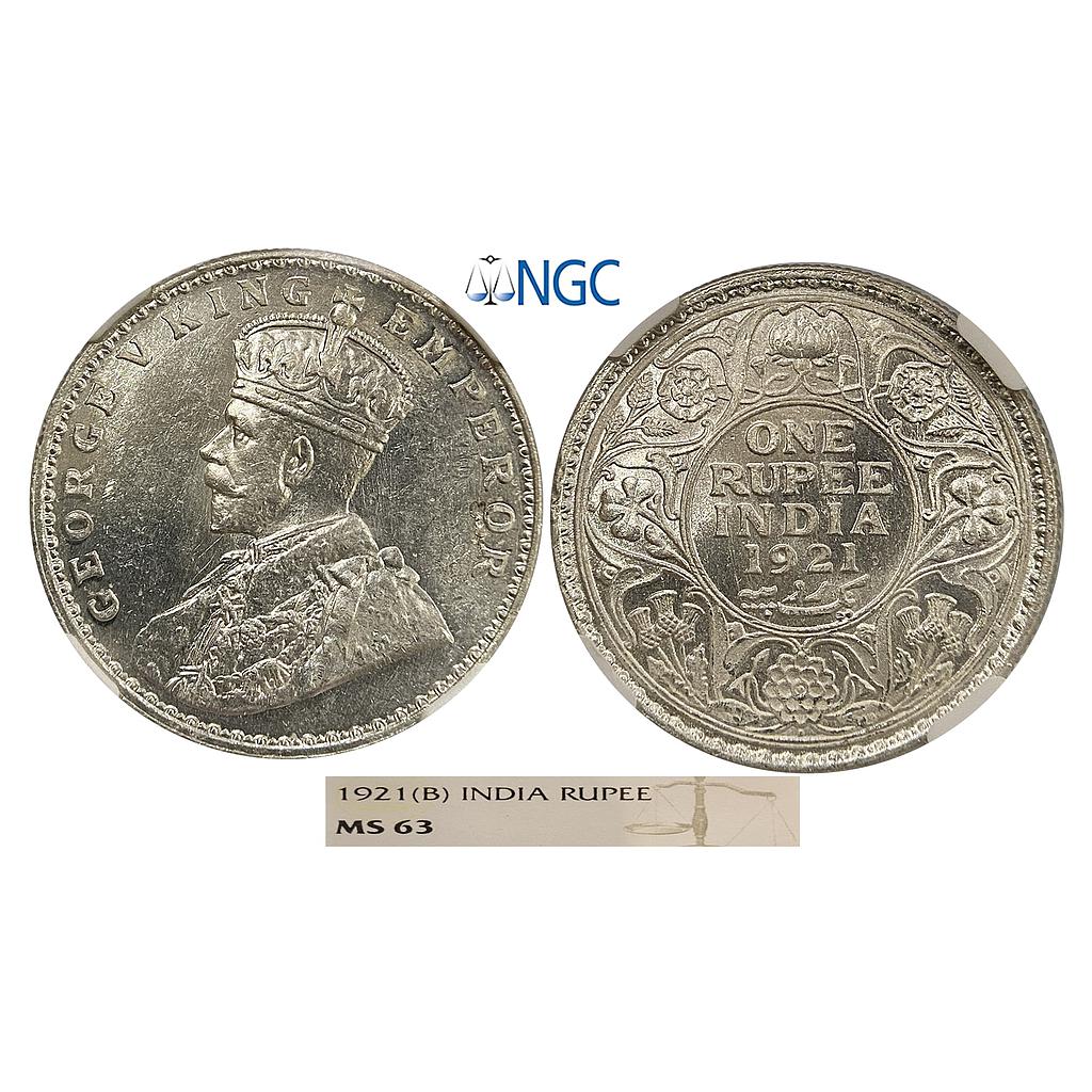 British India George V 1921 AD Key Date Bombay Mint Silver Rupee NGC Graded MS 63
